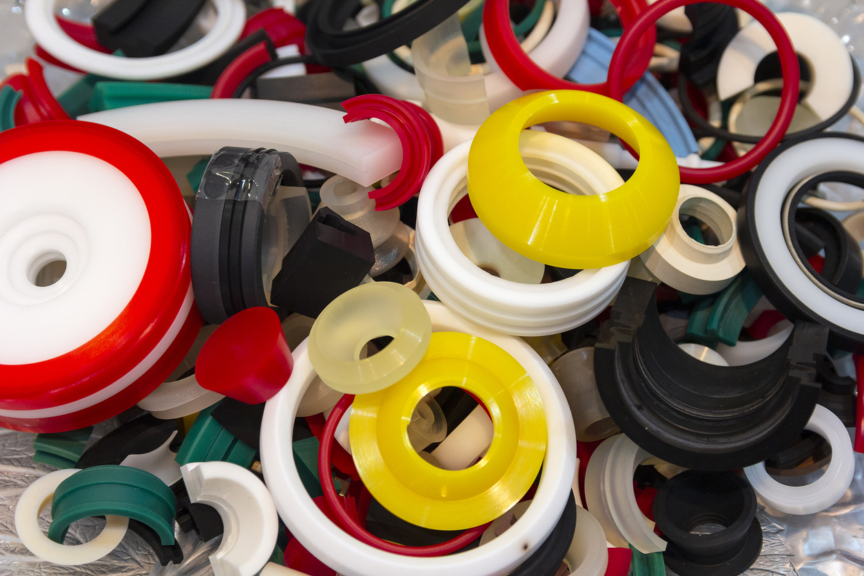 Varous products from polyurethane on the exhibition stand. industry